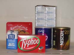 large box tea bags,large tin nescafe coffee,large tin nescafe decafe coffee,large tin cadburys drinking chocolate,sugar,tray 500ml long life milk 12 cartons,large box biscuits,cutlery,plates,dishes,mugs,vacum pump flasks,water,gas,cleaning products